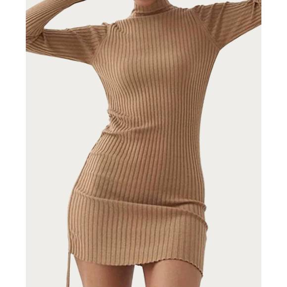 NEW MELODY FASHION ribbed-knit turtleneck mini dress in camel - Picture 3 of 3